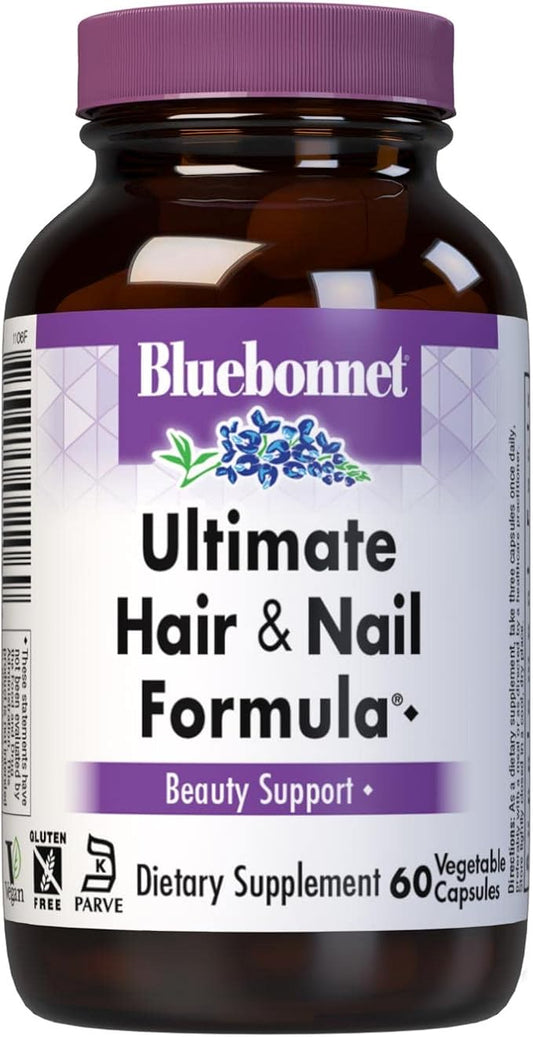 Bluebonnet Nutrition Ultimate Hair and Nail Formula, Vitamins*, Minerals*, Specialty Nutrients for Beauty Within*, Gluten-Free, Kosher-Certified, Dairy-Free, Vegan, 60 Vegetable Capsules, 20 Servings
