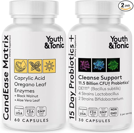 Youth & Tonic Oregano & Caprylic Acid Gut Health Supplement with Probiotics & Herbs for Gut Flora Balance, Digestive & Intestinal Health and Immune Support – 90 Capsules