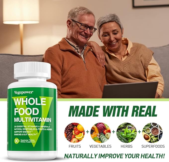 Whole Food Multivitamin for Men Women - with 65+ Vitamins, Minerals, Organic Nature Powder & Extracts - Whole Food Supplement for Energy, GUT, immune Health - All Natural, Non-GMO 90 Vegan Tablets