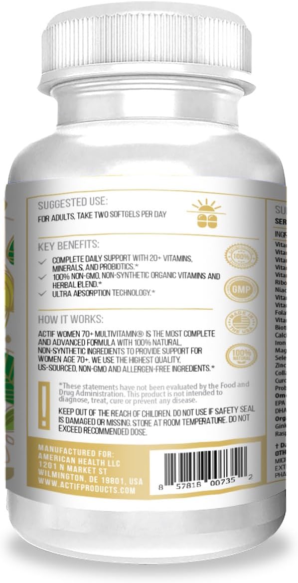 ACTIF Organic Multivitamin for Women Age 70+ with 20+ Advanced Factors and Omega-3, Non-GMO, Made in USA, 90 Count