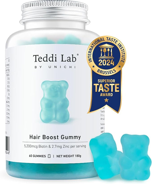 Unichi Hair Boost Gummy, 5200mcg Biotin Formulated with Zinc and Pantothenic Acid for Stronger and Thicker Hair, Great Tasting with Sea Salt & Green Grape Flavour, 60 Count