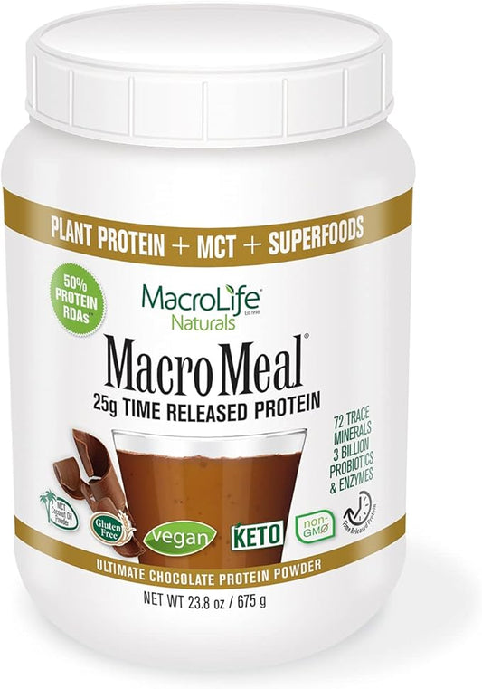 MacroLife Naturals MacroMeal Vegan Chocolate Protein Powder Superfood Greens Probiotics + Fiber, Immune Energy Digestive Daily Essentials for Women & Men Gluten-Free - 23.8oz (15 Servings)