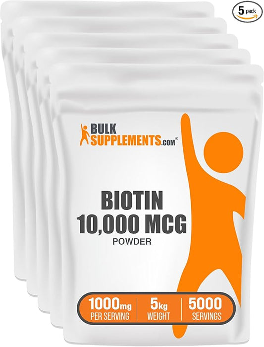 BulkSupplements.com Biotin 10000mcg Powder - Biotin Powder, Biotin Vitamins for Hair, Skin and Nails - as Vitamin B7, Gluten Free, 1000mg per Serving (10mg Biotin), 5kg (11 lbs) (Pack of 5)
