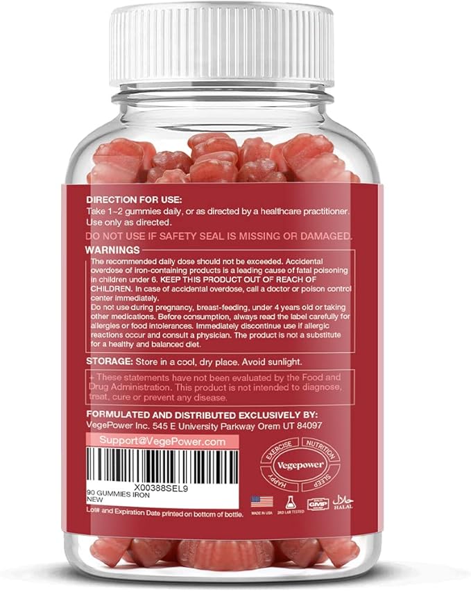 Vegan Iron Gummies Supplement - Multivitamin with Iron for Women & Kids - Blood Builder & Energy Support for Iron Deficiency, Anemia, No After Taste - Peach Flavor（2 Packs）