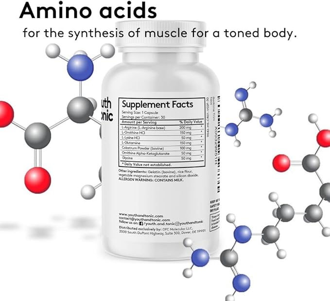 Youth & Tonic PM Bedtime Trim Amino Acids Supplement Pills for Men and Women | 30 Capsules to Support Metabolism and Defined Lean Muscles During Night Time