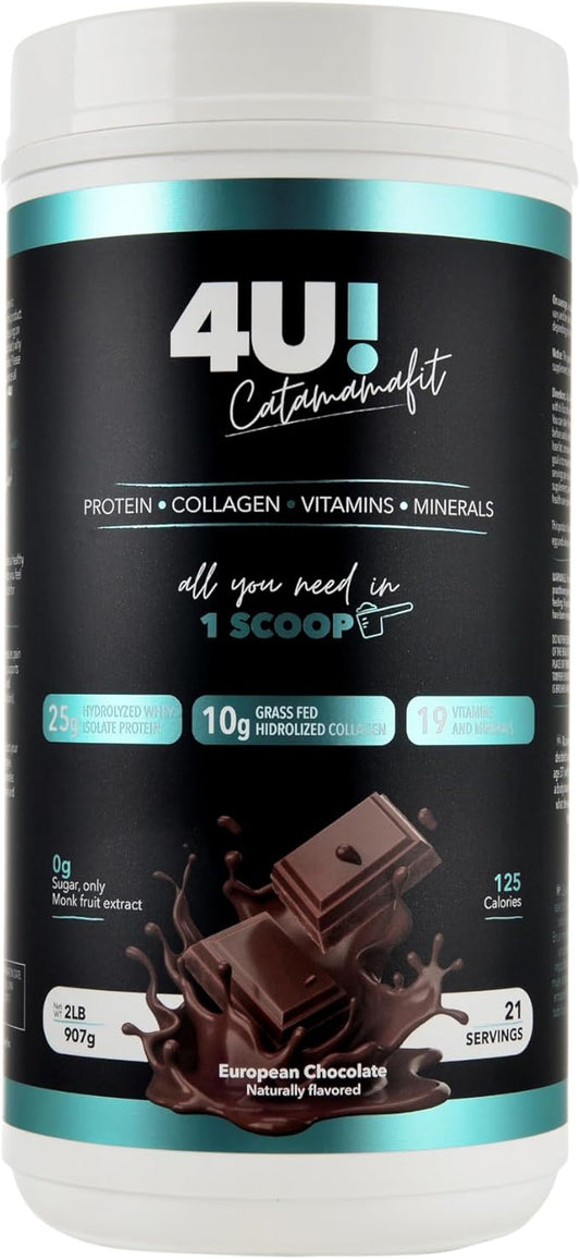 4U! Chocolate Protein Powder, 25g Hydrolyzed Whey Isolate, 10g Hydrolyzed Collagen, 19 Vitamins & Minerals, No Sugar, Gluten Free, 2 lbs (907g)
