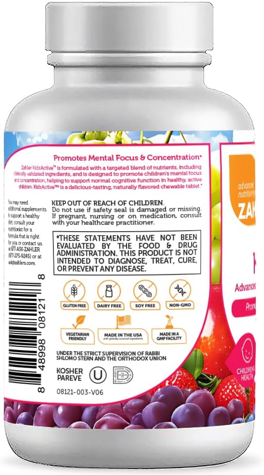 Zahler KidsActive, Kids Chewable Concentration Formula, All Natural Children’s Supplement Supporting Focus, Certified Kosher, 180 Fruit Punch Flavored Tablets