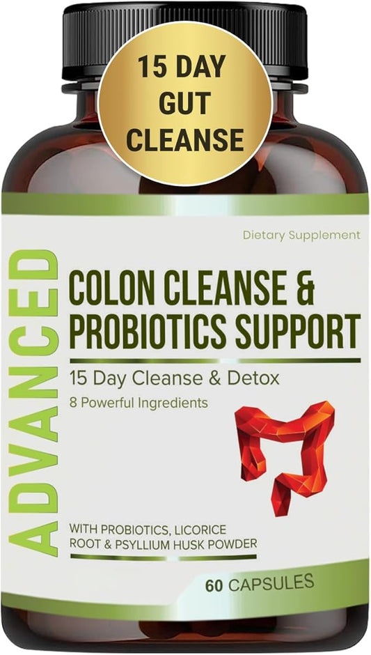 15 Day Gut Cleanse Detox for Women & Men - Advanced 15 Days Colon Cleanse with Probiotics and Psyllium Husk for Constipation Relief, Digestive Health, Colon Cleanser & Gut Health.60 Caps.