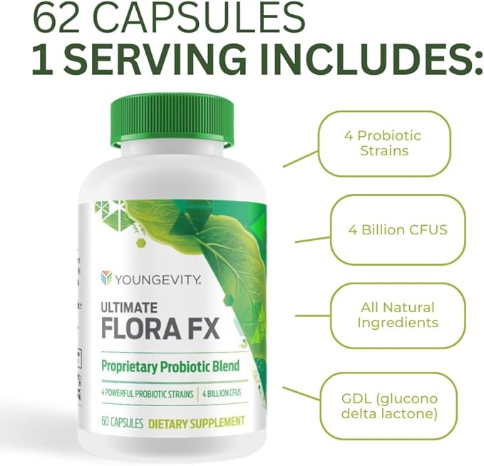 Youngevity Ultimate Flora FX Probiotic Supplement - 4 Bottles 60 Capsules Per Bottle
