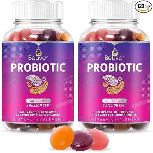 BeLive Probiotic Gummies - Probiotics with 5 Billion CFUs for Digestive Health, Men, Women & Kids Probiotic Supplements for Immune Support, Sugar Free & Vegan – Blueberry, Strawberry & Orange | 2-Pack
