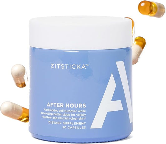 ZitSticka Vitamin Acne Supplement for Cystic Acne w/ 30 Natural Caps for Women and Men, Supplements for Hormonal Support, Skin Clarity, Dark Spots - Dermatologist Tested (After Hours Ceramides)
