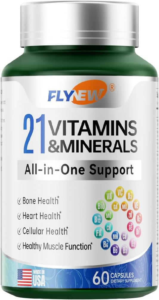 21 Vitamins &Minerals, All-in-One Support, Magnesium for Women and Men Made in USA, Vitamin A, Vitamin C, Vitamin K2, Vitamin D3, Vitamin E, Vitamin B12, B6, Folate, Biotin, 60 Capsules