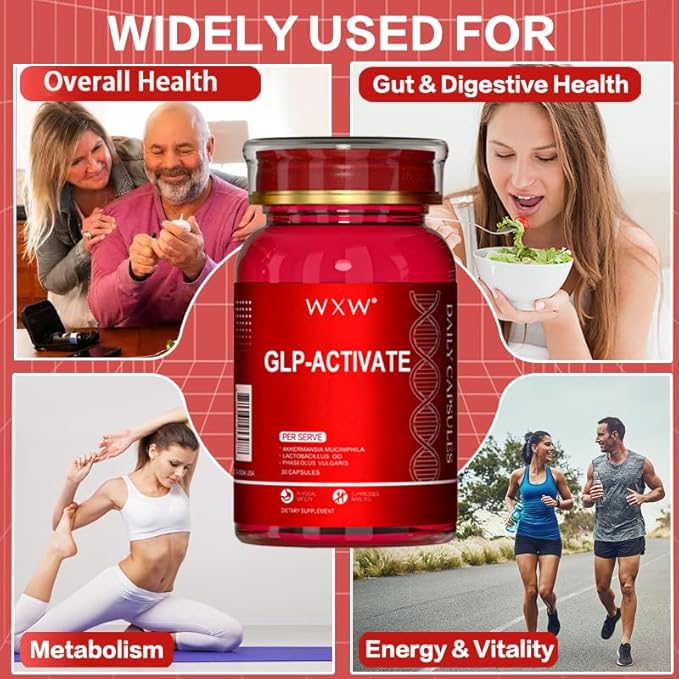 WXW GLP-1 Supplement, GLP Activate, GLP1 Supplements Naturally Support with Akkermansia Probiotic, Lactobacillus GG for Metabolism Gut Health, 30 Capsules