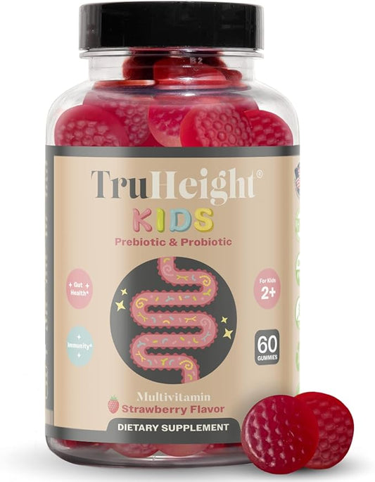 TruHeight Kids Prebiotic & Probiotic Gummies Ages 2+ (Strawberry Flavor) Toddlers & Kids All Natural Supplement for Digestive Health - Endorsed by Pediatricians - Gut & Immune Support, Vegan Vitamins