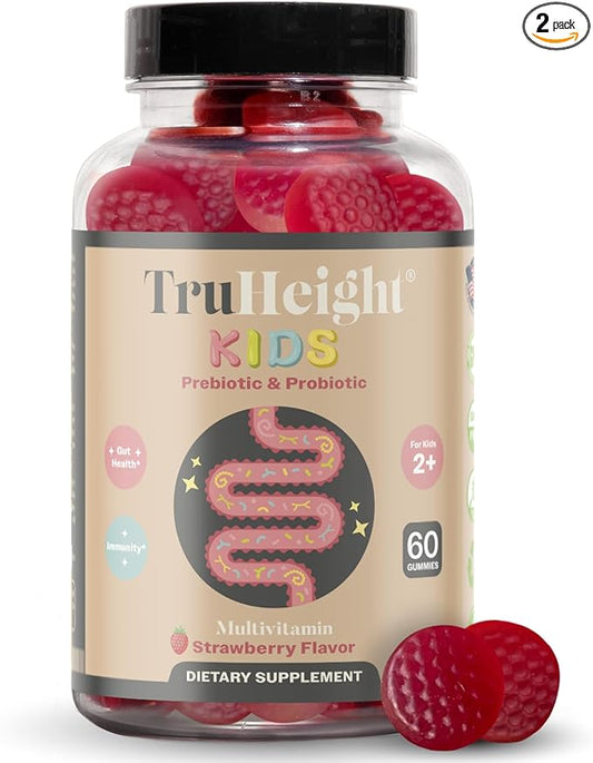 TruHeight Kids Prebiotic & Probiotic Gummies Ages 2+ (Strawberry Flavor) Toddlers & Kids All Natural Supplement for Digestive Health - Endorsed by Pediatricians - Gut & Immune Support, Vegan Vitamins