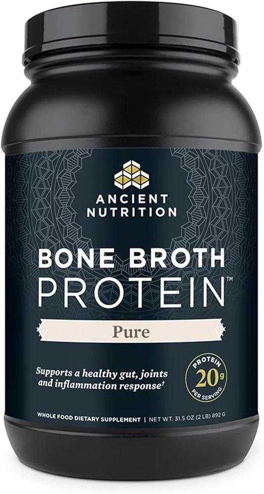 Ancient Nutrition Bone Broth Protein Powder, Pure Flavor, 20g Protein per Serving, Supports Healthy Skin, Gut Health, Joint Supplement, Gluten Free, Paleo and Keto Friendly, 40 Servings