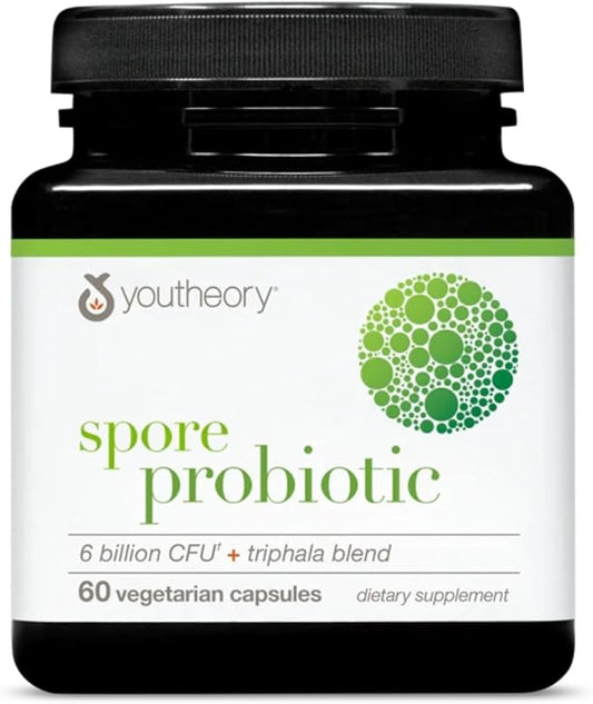 Youtheory Spore Probiotic - 6 Billion CFU - Probiotic Digestive Supplement* - Resists Stomach Acid Breakdown* - Dairy, Gluten & Soy Free - 60 Vegetarian Capsules