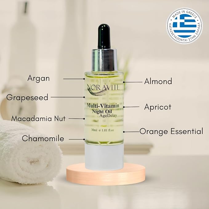 AgeDelay Multi-Vitamin Night Facial Oil - Intensive Skin Tightening Oil & Moisturizer - Nourishes Protects & Rejuvenates - Antioxidant Serum w/Vitamin E, Omega 3,6,9 & Seaweed - 30ml