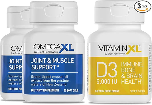 OmegaXL Joint Support Supplement - Natural Muscle/Immune Support, 60 Softgels (2 Pack) & VitaminXL D3 High Potency Daily Vitamin D 5000 IU 125mcg Supplement (30 Softgels)