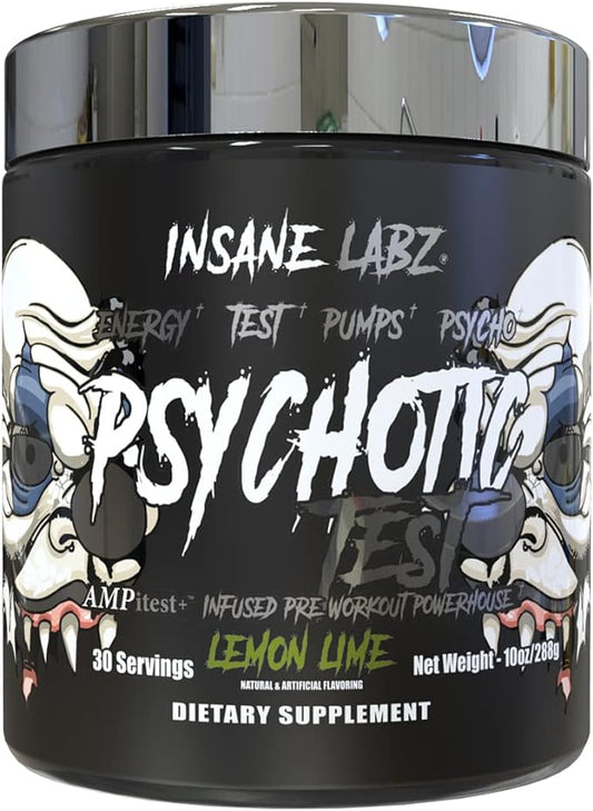 Insane Labz Psychotic Test, High Stim Testosterone Energy and Pump Boosting Pre-Workout Powder with DMAE Bitartrate, D Aspartic Acid, Creatine HCL and Glycerol Monostearate, 30 Servings, Lemon Lime
