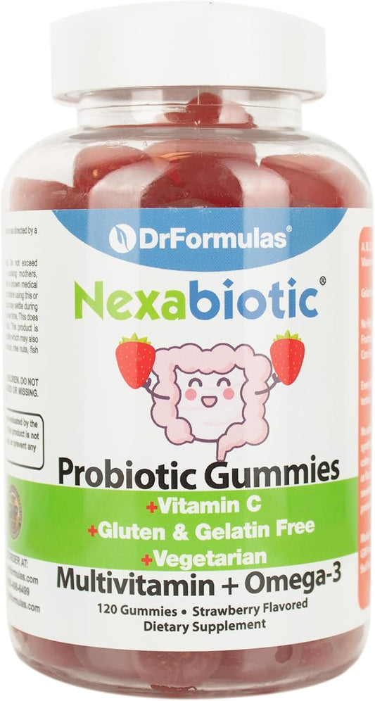 DrFormulas Multivitamin Gummies with Omega 3 and Probiotics for Kids and Adults with Vitamin C | Nexabiotic with Vitamin A, C, D3, E, B6, B12, and Zinc, Biotin, Folate | Halal Vegetarian, 120 Count