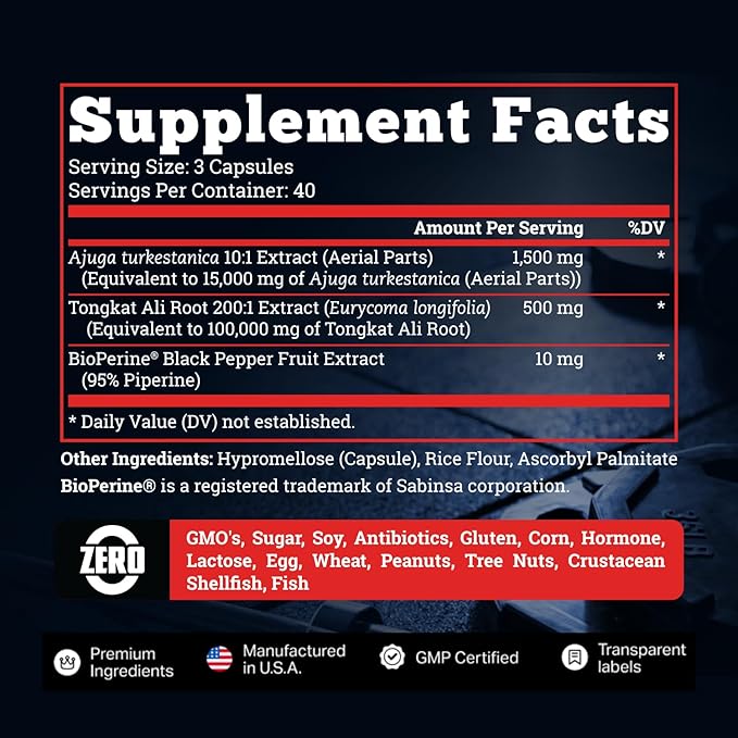 Turkesterone 15,000mg [Max Potency] + BioPerine® for High Absorption Supplement with Tongkat Ali - Increase Lean Muscle Growth & Recovery, Drive & Stamina - USA Made & Non GMO - 120 V Capsules