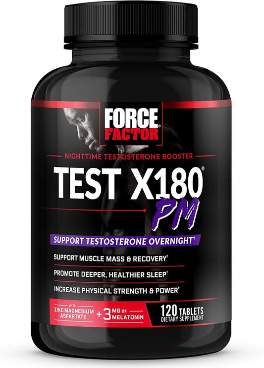 Force Factor Test X180 PM Testosterone Booster for Men, Overnight Testosterone Supplement to Build Muscle, Increase Strength, and Promote Deeper, Healthier Sleep and Recovery, 120 Tablets