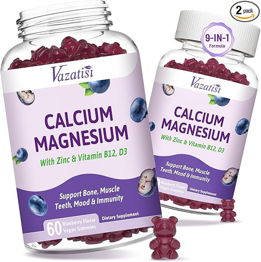 2 Pack Calcium Gummies with Magnesium, Zinc, Vitamin D3 & B12, Calcium Supplements for Women Men, Support Bone, Muscle and Immunity, 120 Vegan Blueberry Flavor Gummies