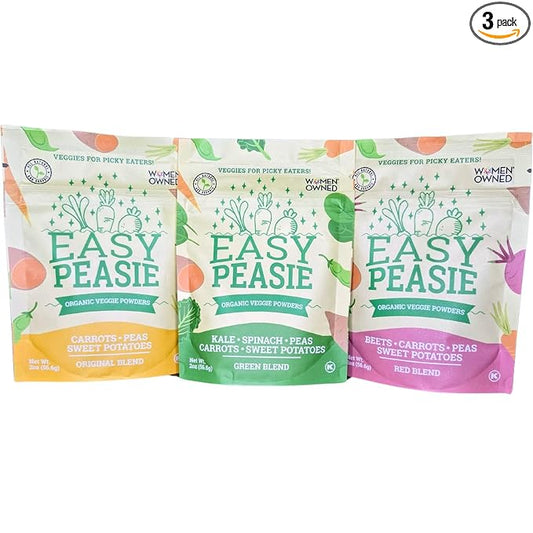 Easy Peasie Organic Veggie Powder Blends for Kids and Picky Eaters | Hidden Vegetable Powder Additive for Meals and Smoothies (3-Pack Pouches: Green, Red, and Original - each 2 oz)