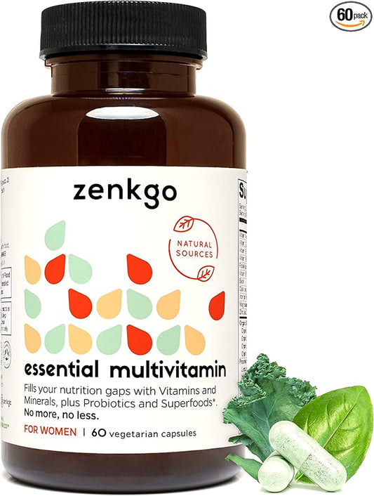 Zenkgo Women's Vitamins + Probiotics 25B CFU + Organic Whole Foods, Supports Immunity, Digestion, Energy, Daily Vitamins A, E, B6, B12, Vegan D3, K2 (MK-7), Folate, Minerals, Superfoods(60Ct/30Day)