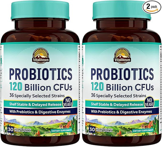Vitalitown Probiotics 120 Billion CFUs | 36 Strains, with Prebiotics & Digestive Enzymes for Men Women | Shelf Stable | Digestive & Immune Support | Vegan | 60 Delayed Release Veg Caps