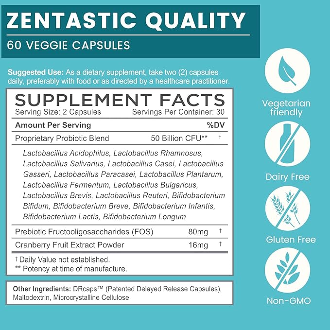 Zentastic Probiotics & Prebiotics Supplement - 50 Billion CFU - for Men & Women’s Immune & Digestive Health - 16 Strains - Shelf Stable - 180 Delayed Release Veggie Capsules