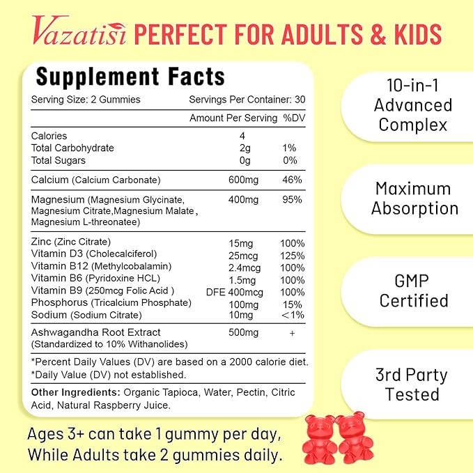 2 Pack Calcium Gummies with Magnesium, Zinc, Vitamin D3 & B12, Calcium Supplements for Women Men, Support Bone, Muscle and Immunity, 120 Vegan Raspberry Flavor Gummies