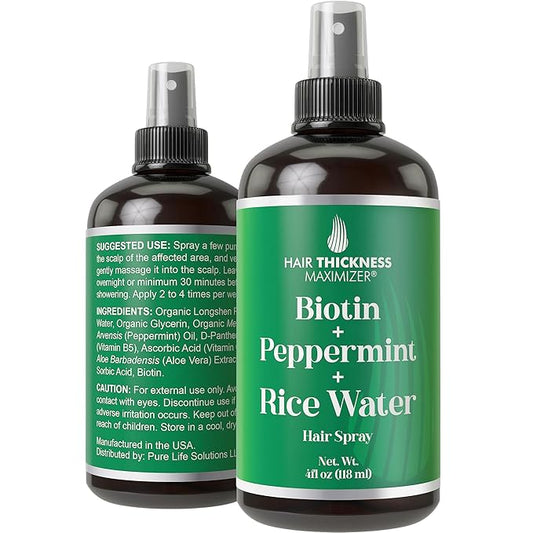 Biotin + Peppermint Oil + Rice Water Spray For Hair Growth. Vegan, Leave In Conditioner Serum Spray For Women, Men. Thickening, Moisturizing, Strengthening Scalp Treatment For Dry, Frizzy, Weak Hair