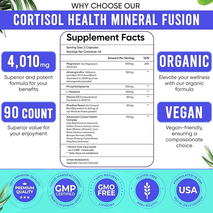 14-in-1 Cortisol Health Supplement with Ashwagandha, Magnesium Glycinate, Rhodiola, L-Theanine, Holy Basil & More. Cortisol Supplements for Women Support Stress Management & Stamina. 90 Capsules.