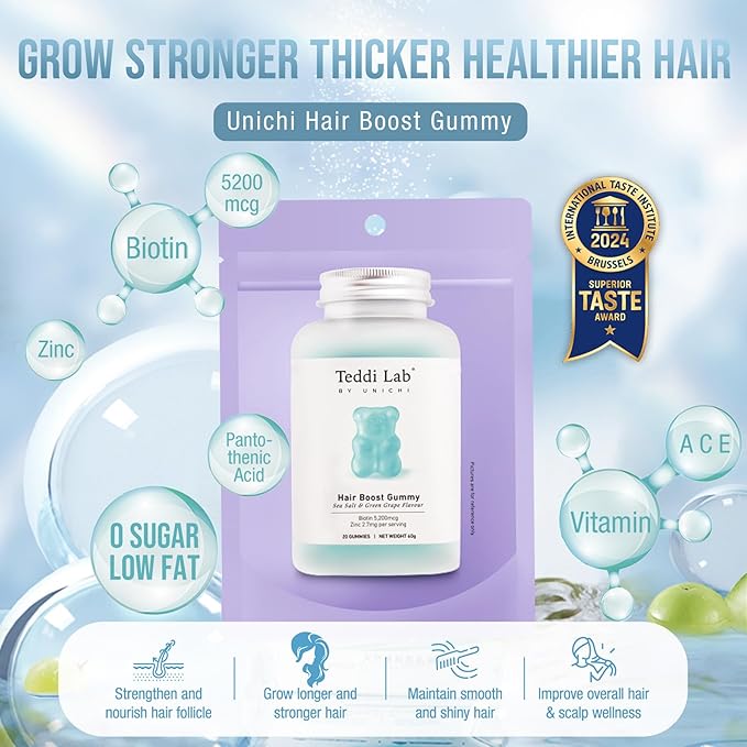 Unichi Hair Boost Gummy 20 Count, 5200mcg Biotin Formulated with Zinc, Pantothenic Acid and Vitamin A C E for Stronger and Thicker Hair, Great Tasting with Sea Salt & Green Grape Flavour