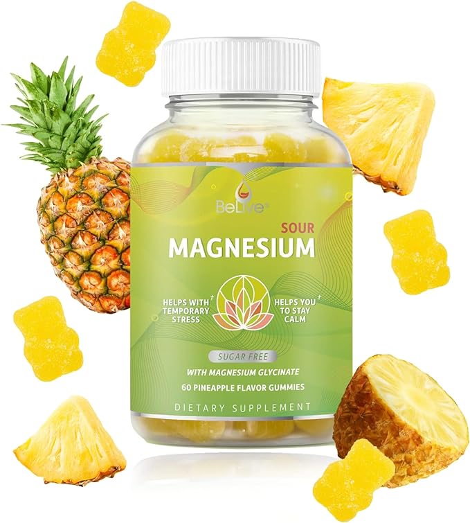 BeLive Magnesium Gummies 200mg - 60 Ct | Magnesium Glycinate Supplements for Relaxation, Stress Relief, and Sleep for Adults & Kids - Tasty and Tangy Pineapple Flavor (2)