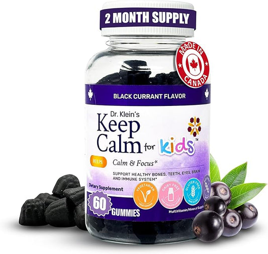 Dr. Klein's Keep Calm Kids Gummies L-Theanine & Chamomile Extract - Supports Focus, Attention, & Alertness of Kids Ages 5+ - Calming Chews Vitamins & Minerals for Kids - Black Currant Sugar-Free 60ct