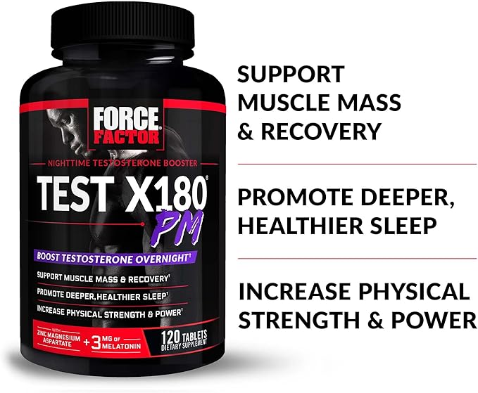 FORCE FACTOR Test X180 PM, 2-Pack, Testosterone Booster for Men, Overnight Testosterone Supplement to Build Muscle, Increase Strength, and Promote Deeper, Healthier Sleep and Recovery, 240 Tablets