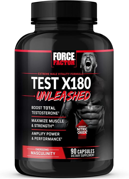 FORCE FACTOR Test X180 Unleashed Testosterone Booster for Men to Build Muscle, Increase Strength, and Improve Performance, Testosterone Supplement for Men’s Health, 90 Capsules