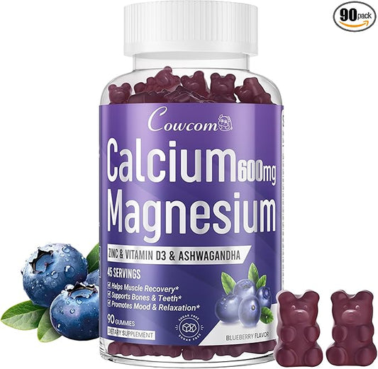 Calcium Magnesium Zinc Gummies Sugar-Free with Vitamin D3 B6 B12,High Absorption Calcium Magnesium Supplement,Bone, Muscles,Calm Mood,Sleep Support for Kids adults,90 Count Vegan Blueberry Flavor