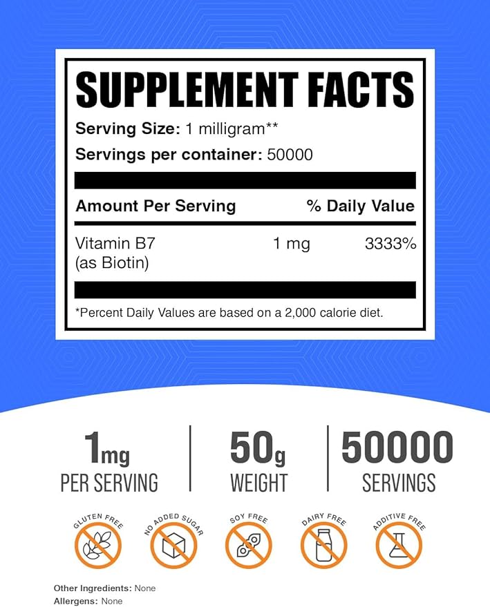 BulkSupplements.com Pure Biotin Powder - as Vitamin B7, Biotin Supplement, Biotin Vitamins for Hair, Skin and Nails - Gluten Free, 1mg per Serving, 50g (1.8 oz) (Pack of 1)