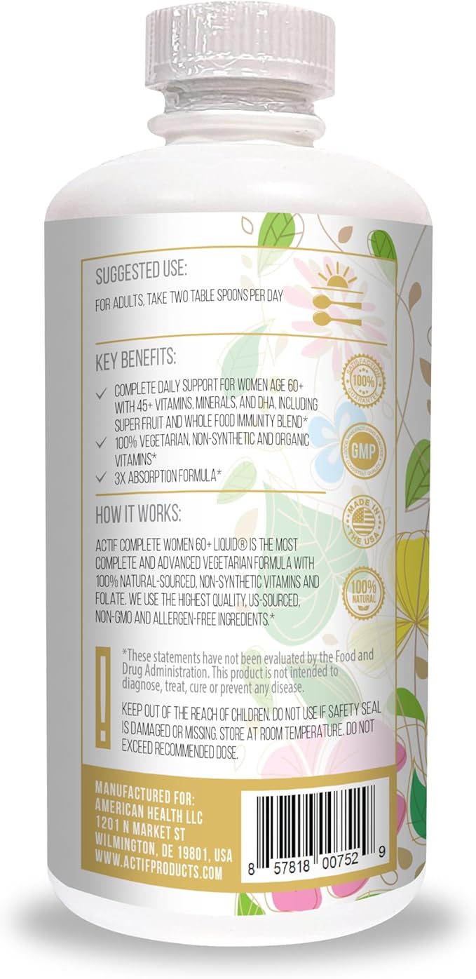 ACTIF Liquid Daily Multivitamin for Women Age 60+ with 45+ Advanced Factors – Non GMO, Made in USA, 32oz, Expiration Date: 10/2026