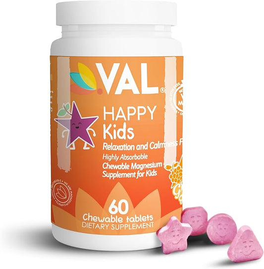 VAL Chewable Magnesium for Kids, Relaxation and Calm Formula, Glycinate, Citrate, Taurate, Vitamin B6, D, C, Natural Star Grape Flavor, Sugar Free, Gluten Free, Non-GMO, 60 Chewable Tablets