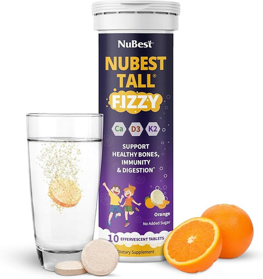 NuBest Tall Fizzy - Bone Strength, Immunity, Digestive Health for Kids & Teens | Probiotic, Calcium, Magnesium from Red Marine Algae, Vitamin D3, K2 & Zinc | 10 Orange Effervescent Tablets - Ages 4+