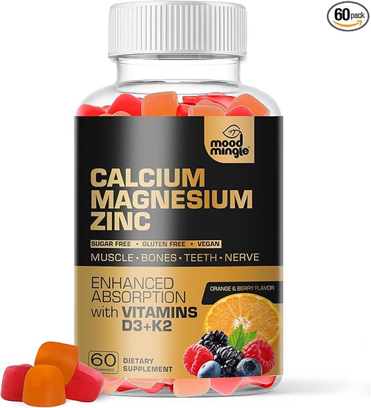 Calcium Magnesium Zinc Supplement Gummies for Kids Toddler & Adults - Enhanced Absorption with Vitamin D3 & K2 - Sugar Free Gluten Free Cal Mag Zinc Vegan Chewable Complex Calcium Gummies