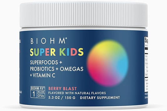 BIOHM Super Kids Superfood Powder + Probiotics - Delicious Berry Blast - 30 Servings - Beneficial Antioxidants & Omega-3 - Gluten Free, GMO Free, Dairy Free, No Artificial Ingredients, Vegetarian