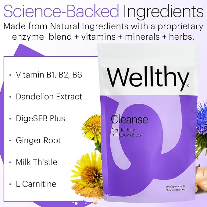 Wellthy Full Body Detox and Immune Support - Advanced Digestive Health, Gut Cleanse and Bloating Relief - All Natural Formula with Milk Thistle, Dandelion Extract and L-Carnitine | 30-Day Supply