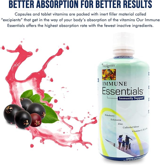 Wellgenix Immune Essentials - Multivitamin Liquid for Men, Women & Kids - Vegan Supplement with Vitamins C, D Elderberry Zinc, Echinacea for Toddler, Kid & Adult 32oz