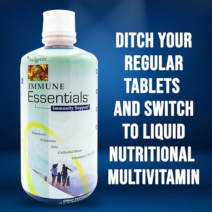 Wellgenix Immune Essentials - Multivitamin Liquid for Men, Women & Kids - Vegan Supplement with Vitamins C, D Elderberry Zinc, Echinacea for Toddler, Kid & Adult 32oz